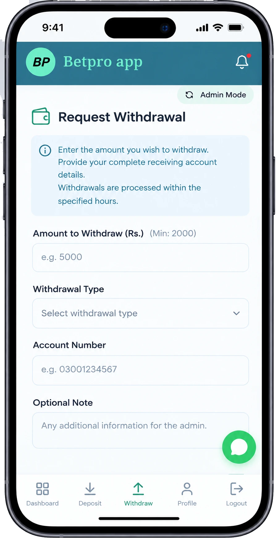 Deposit and Withdrawal Notifications Interface